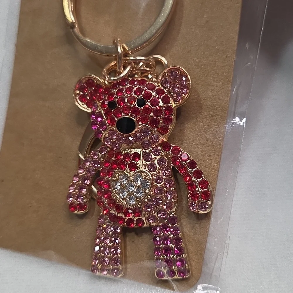 Red Pink Teddy Bear Keychain Bag Charm Purse Charm Rhinestones Crystals New